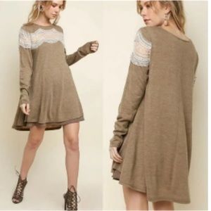 Umgee Womens Size S Mocha Heathered Brown Swing Dress White Floral Lace USA Made